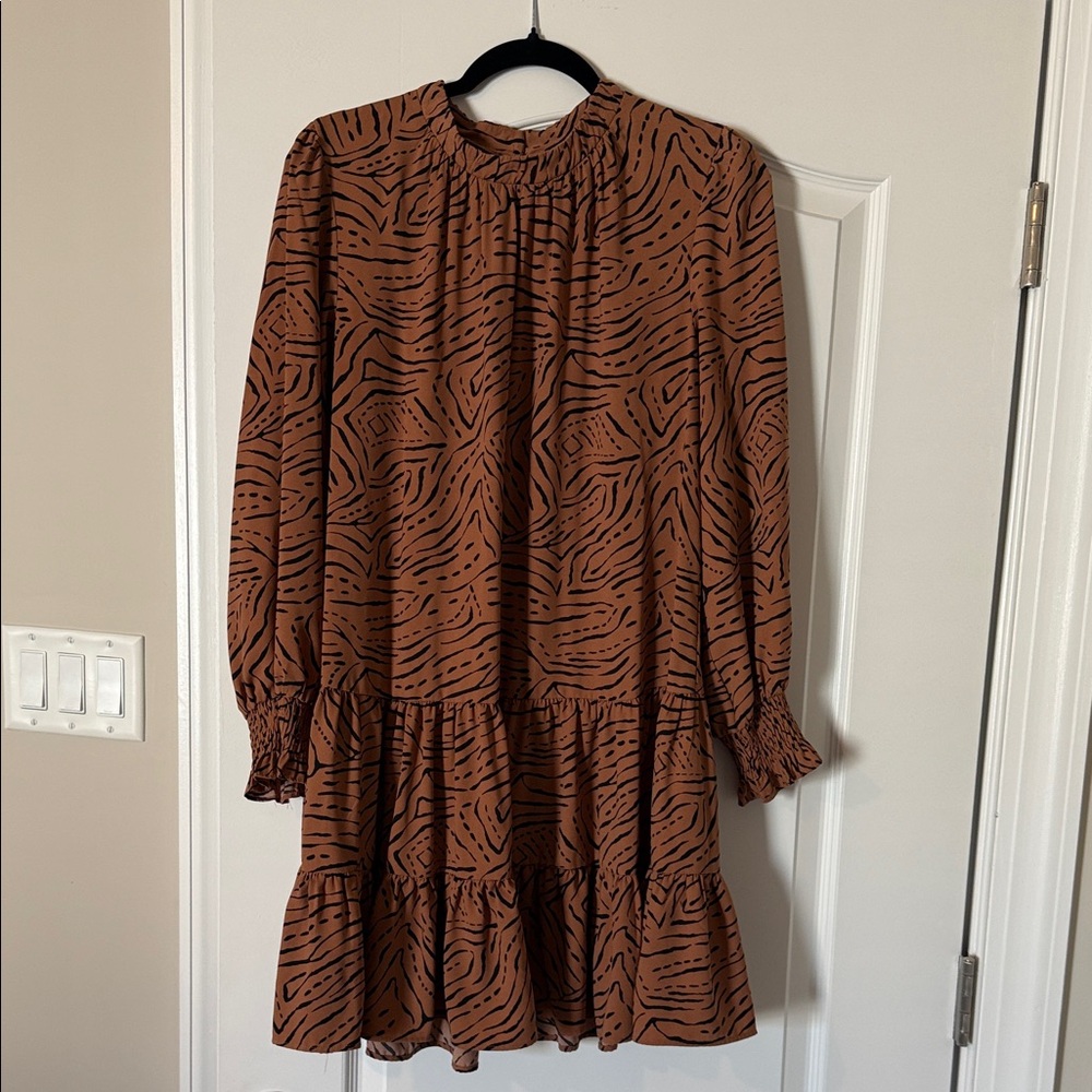 Nine West Tan Animal Print Long Sleeve Dress